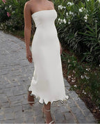Strapless Tube Ruffle Hem Bodycon Midi Dress