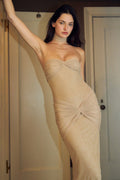 Strapless Sweetheart Lurex Ruched Sunburst Knot Hip Mermaid Maxi Gown