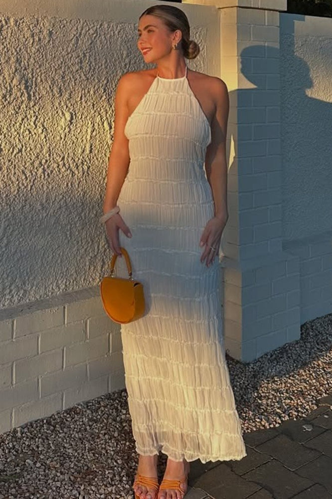 Halter Neck Horizontal Shirred Smocked Column Maxi Dress