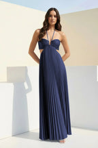 Sky Blue Halter Pleated Satin A Line Prom Dresses With Cutout