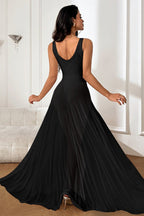 Mesh Overlay Deep V-Neck Spaghetti Strap A-Line Maxi Dress