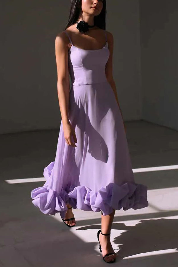 Spaghetti Strap Scoop Neck Ruffled Flounce Hem A-Line Maxi Dress
