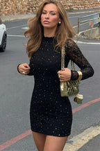 Black Turtleneck Long Sleeve Lace Rhinestone Bodycon Mini Dress