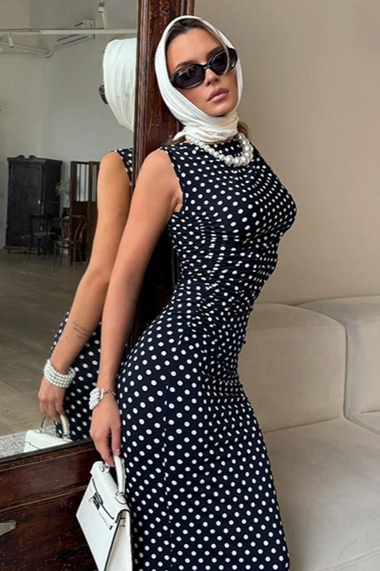 Boat Neck Side Ruched Polka Dot Bodycon Midi Dress