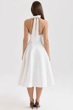 Halter Neck Square Neck Contrast Trim Fit and Flare Midi Dress