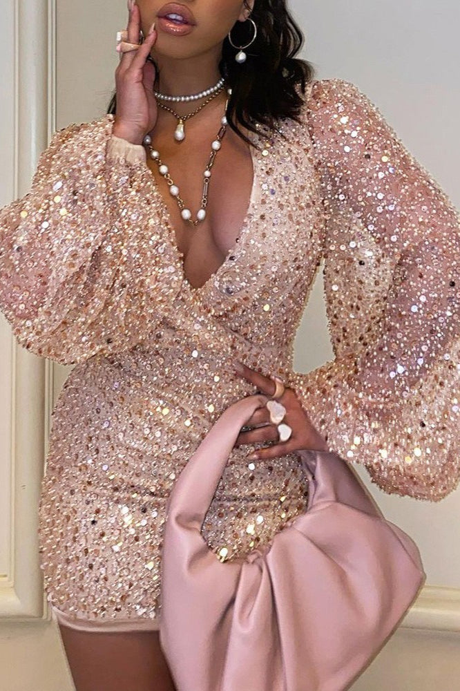 Sequin Wrap Deep V-Neck Lantern Sleeve Bodycon Mini Dress