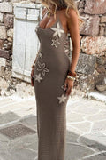 Khaki Halter Crochet Knit Starfish Applique Bodycon Maxi Dress