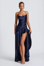 Satin Spaghetti Strap Cowl Neck Ruched High Low Ruffle Maxi Formal Dress