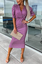Printed Puff Sleeve Wrap V-Neck Bodycon Midi Dress