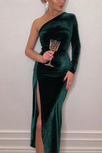 One Shoulder Single Sleeve Velvet Ruched High Slit Midi Dress