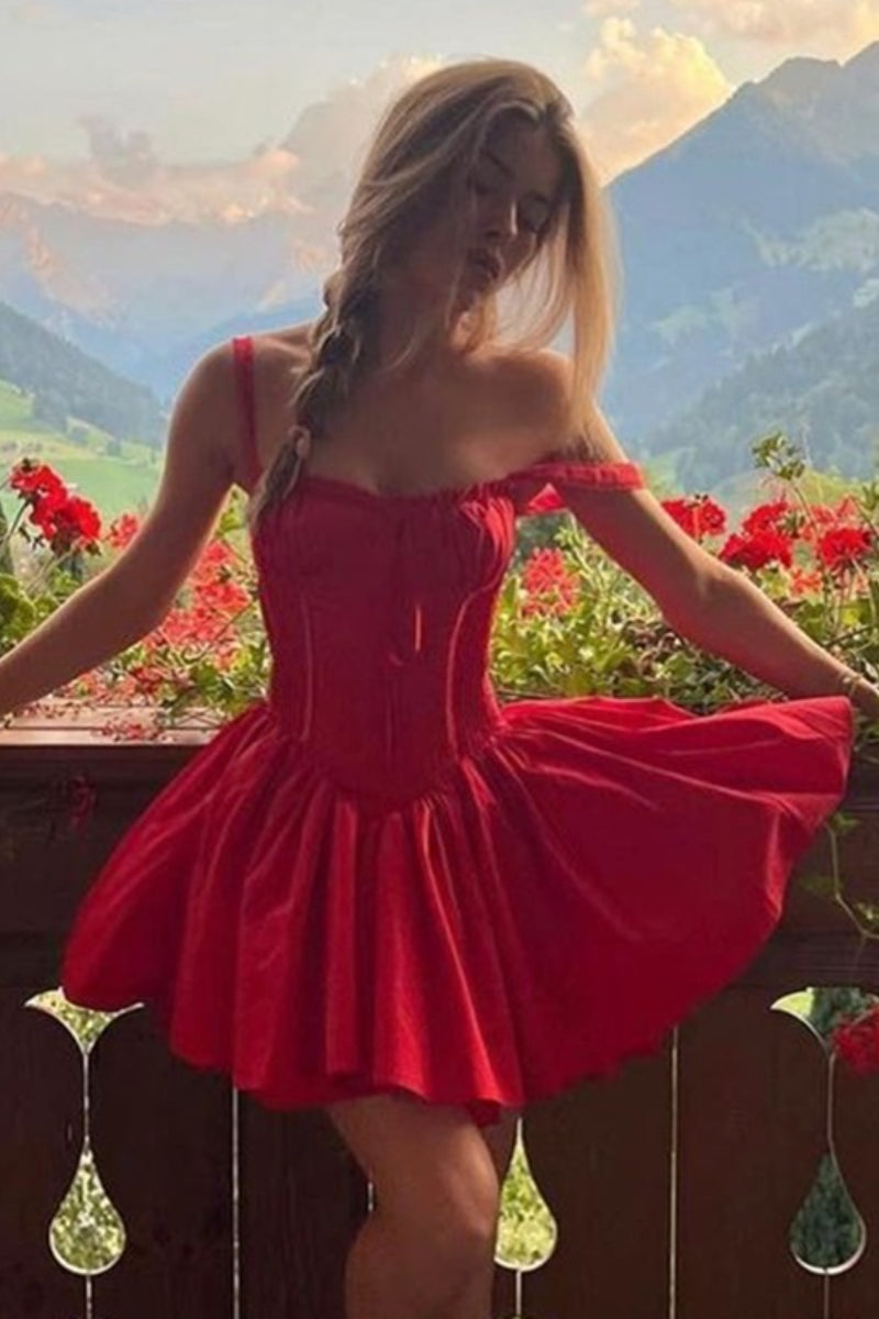 Corset Bodice Sweetheart Tie Waist Lace Trim Flare Hem Mini Dress