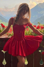 Corset Bodice Sweetheart Tie Waist Lace Trim Flare Hem Mini Dress