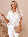 Shirt For Women Black Turndown Collar Casual Buttons Short Sleeves Tops