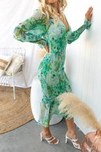 Deep V-Neck Smocked Floral Print Balloon Sleeve Ruffle Hem Mermaid Midi Dress