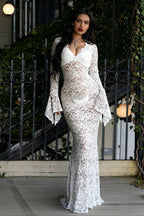 Lace Deep V-Neck Bell Sleeve Mermaid Maxi Dress