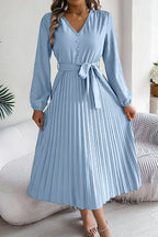 Deep V-Neck Bishop Sleeve Button Front Pleated Belted Midi Dress