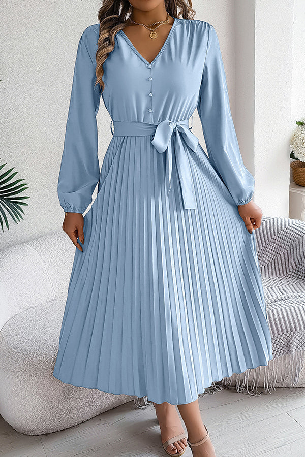Deep V-Neck Bishop Sleeve Button Front Pleated Belted Midi Dress
