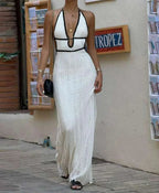 Crochet Knit Halter Plunging V-Neck Contrast Trim Band Waist Maxi Dress