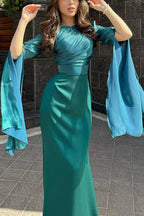 Satin Ruched High Neck Bell Sleeve Slit Mermaid Maxi Gown