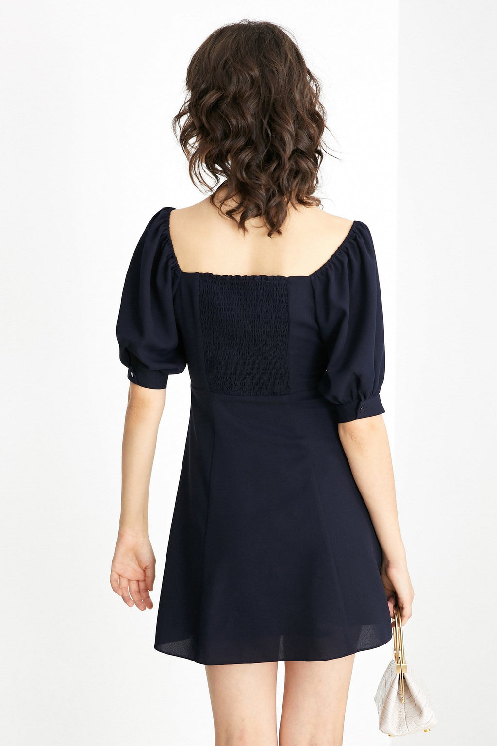 Square Neck Puff Sleeve Contrast Trim Tie Front A-Line Mini Dress