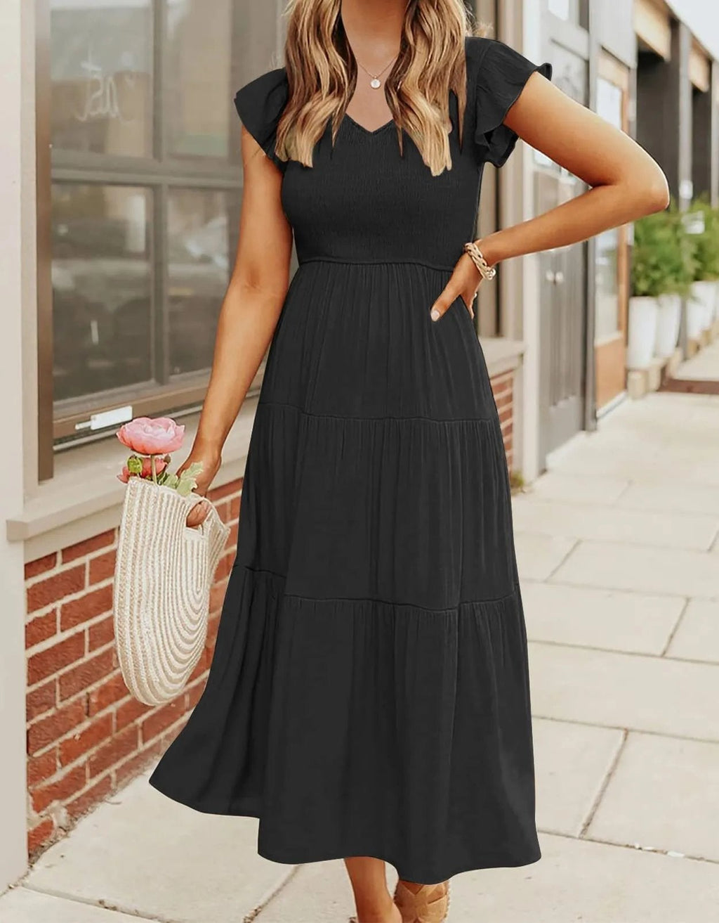 Smocked Bodice Flutter Sleeve Tiered A-Line Midi Dress