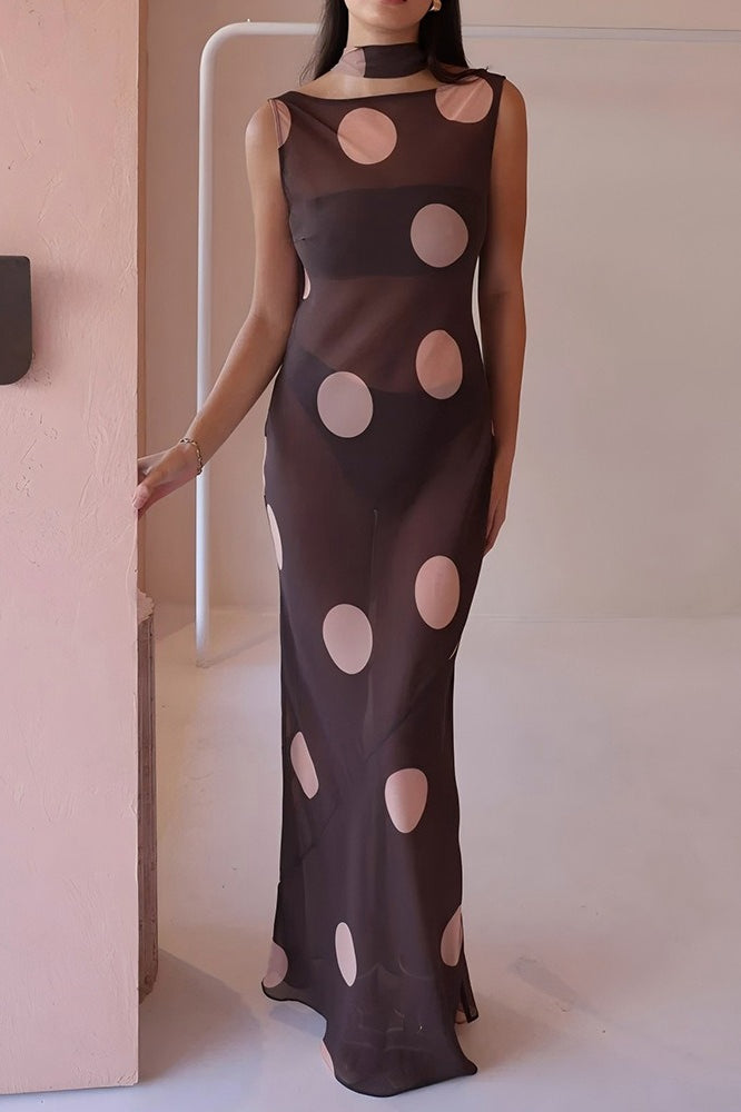 Sheer Mesh Polka Dot Scarf Collar Boat Neck Maxi Dress