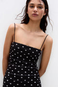 Polka Dot Mesh Ruched Square Neck Spaghetti Strap Bodycon Maxi Dress