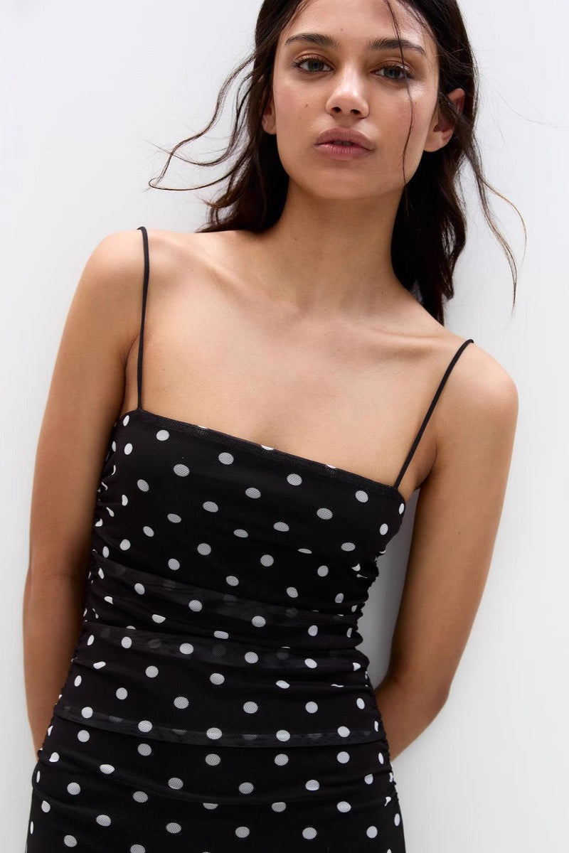 Polka Dot Mesh Ruched Square Neck Spaghetti Strap Bodycon Maxi Dress