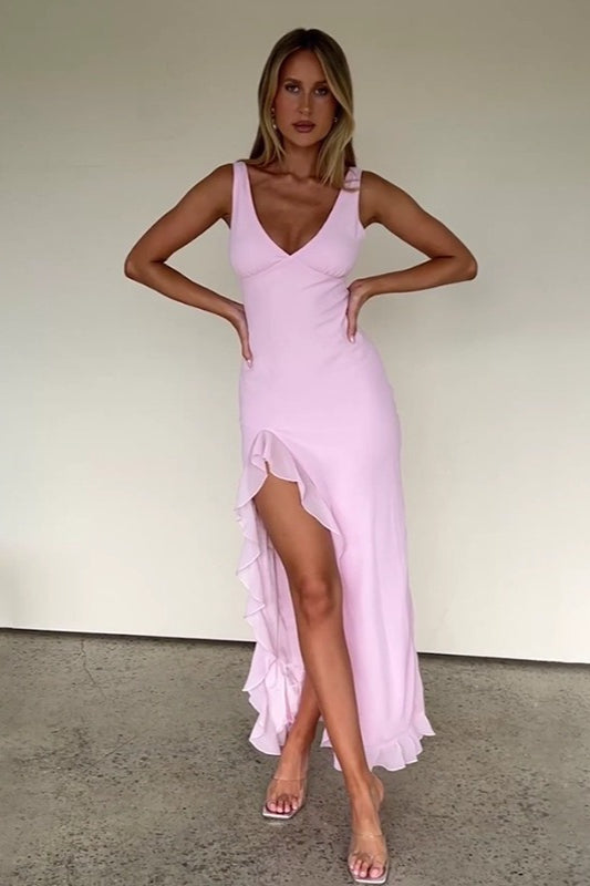 Deep V-Neck Ruched High Split Ruffle Trim Maxi Dress