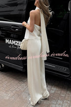 Modern Day Glam Satin Halter Tie-up Tank and Elastic Waist Wide Leg Pants Set