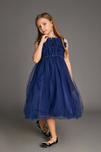 Girls Strapless Ruffled Pearl Embellished Tulle Maxi Mini Dress