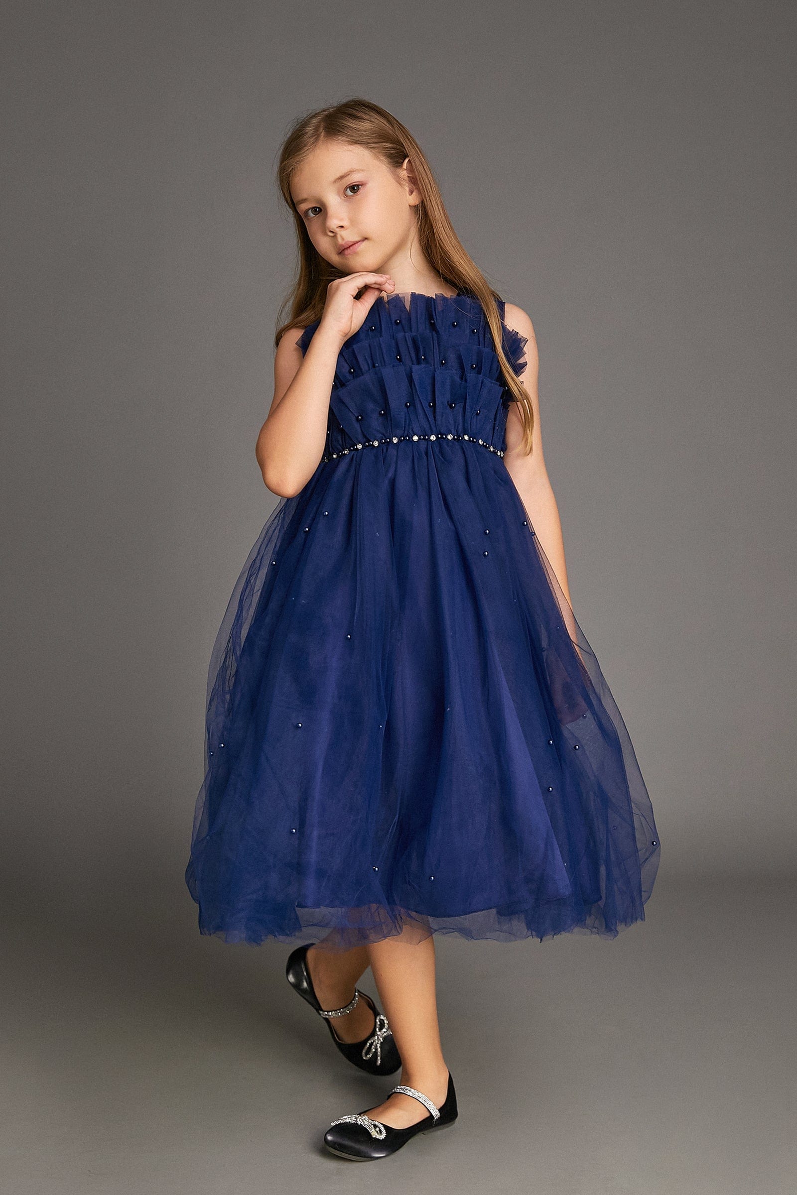 Girls Strapless Ruffled Pearl Embellished Tulle Maxi Mini Dress