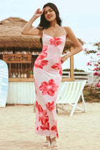 Red Backless Criss Cross Lace Up Floral Print Maxi Dress