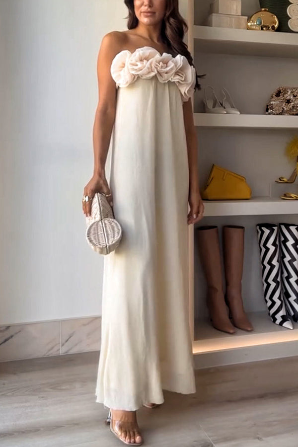 Strapless 3D Floral Rosette Applique Column Maxi Dress