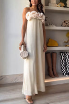 Strapless 3D Floral Rosette Applique Column Maxi Dress
