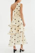 Fashionable Polka Dot Print One-shoulder Sleeveless Layered Mesh Maxi Dress