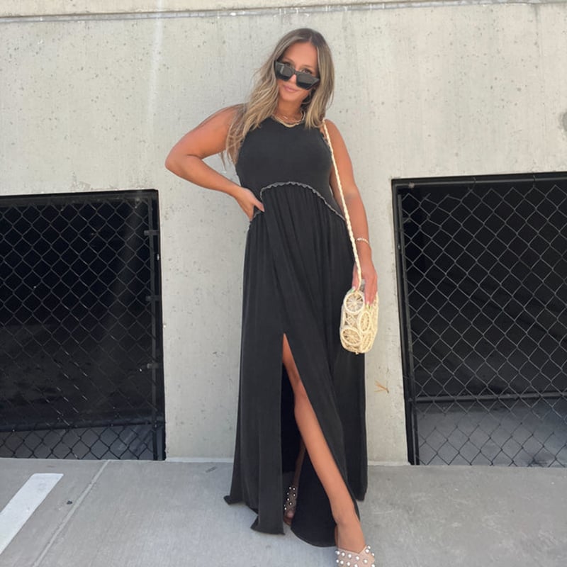 Crew Neck Tiered Seam Double Front Slit Sleeveless Maxi Dress