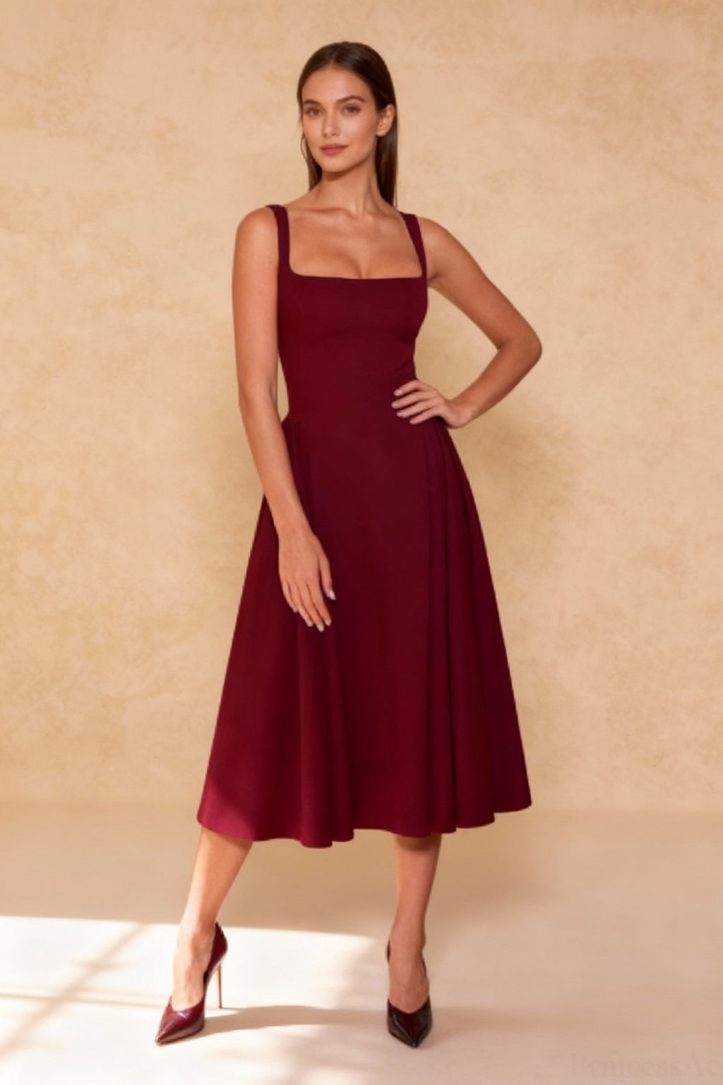 Square Neck Sleeveless Fit and Flare Midi Dress