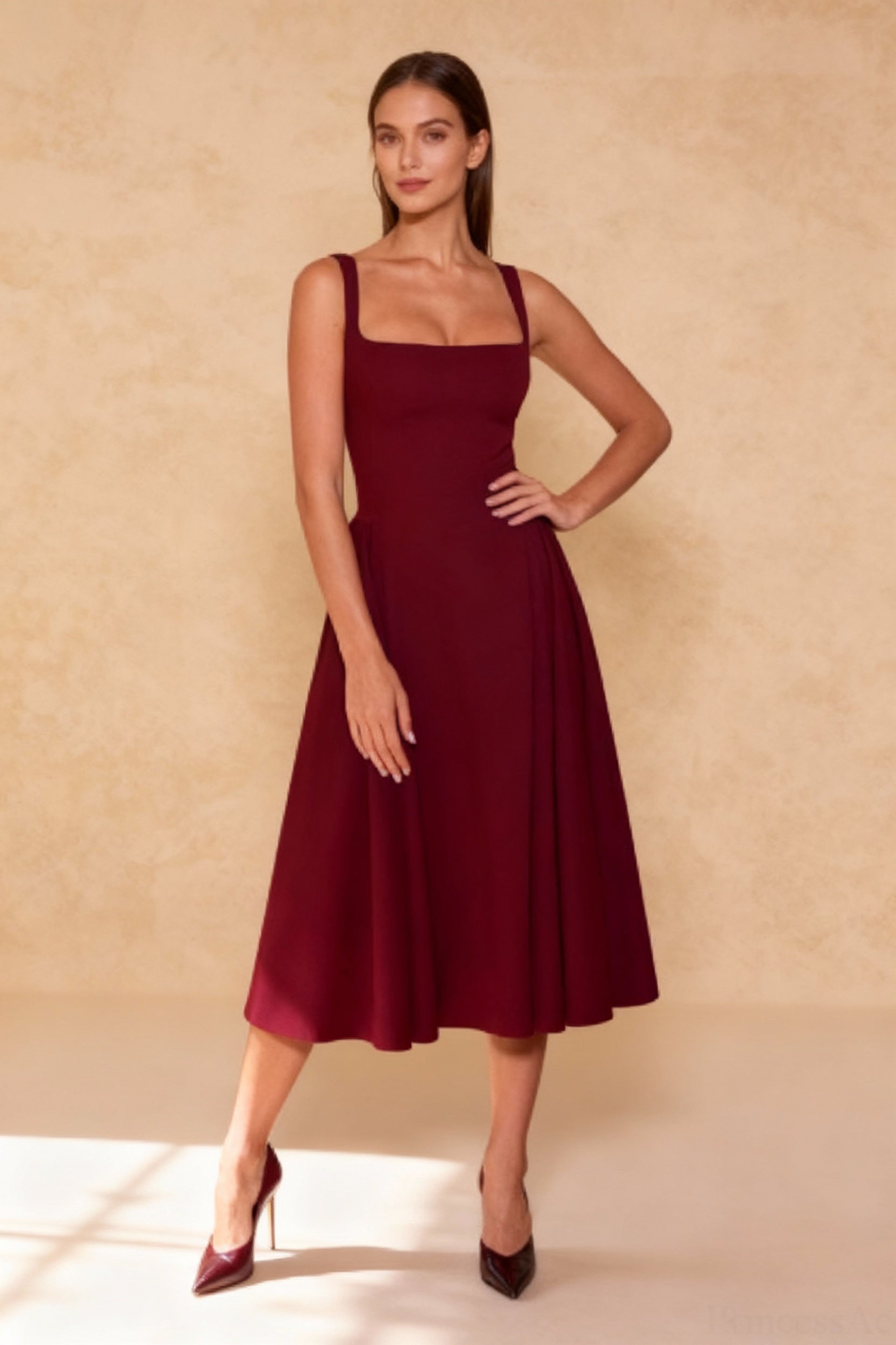 Square Neck Sleeveless Fit and Flare Midi Dress