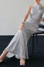 Silver Halter Sequin Mermaid Maxi Dress