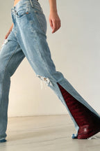 Stylish Attitude Denim Mid Rise Distressed Red Croc Hem Pocket Flare Jeans