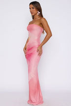 Strapless Large Lily Floral Print Mesh Bodycon Maxi Dress