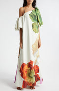 Asymmetrical Neck Puff Sleeve Oversized Floral Print Maxi Dress