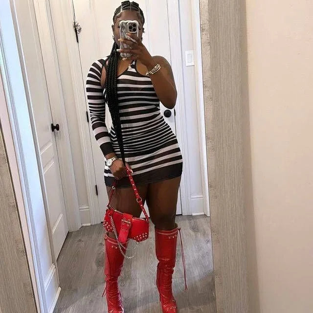 One Shoulder Long Sleeve Mesh Stripe Panel Bodycon Mini Dress