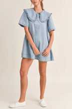 Solid Color Loose Short-sleeved Casual Ruffled Denim Mini Dress