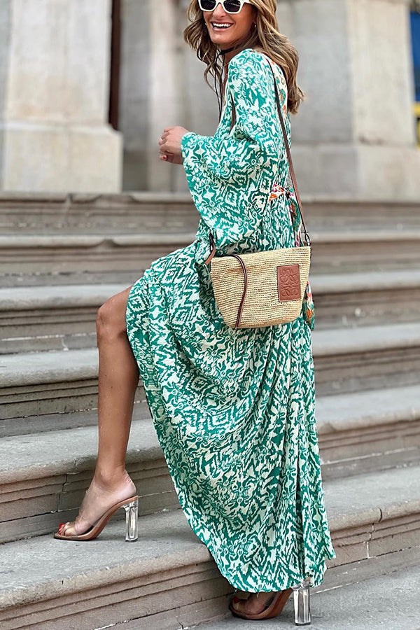 Ikat Print Deep V-Neck Bell Sleeve Tie Back Maxi Dress