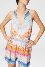 Eleanor Knit Colorful Zigzag Pattern Halter V-neck Tie-up Loose Romper