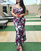 Grape Botanical Print Sweetheart Bustier Mermaid Hem Sleeveless Midi Dress