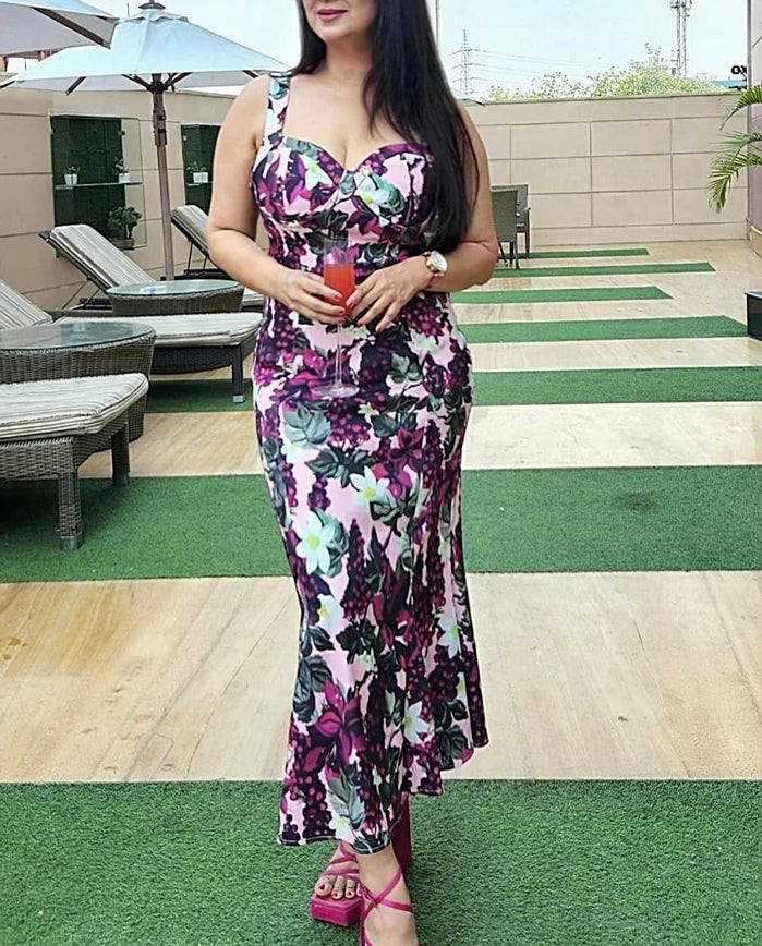 Grape Botanical Print Sweetheart Bustier Mermaid Hem Sleeveless Midi Dress