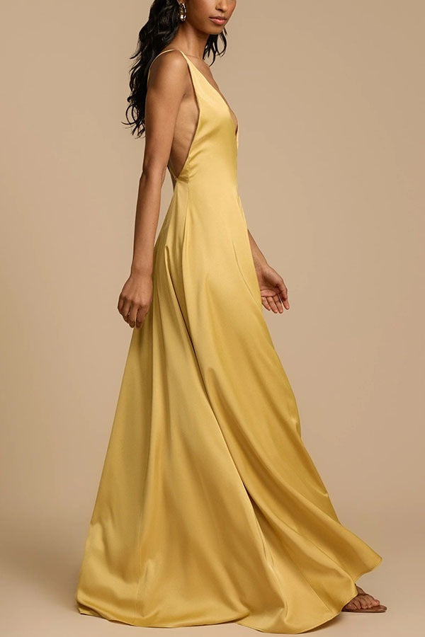 Yellow Backless Satin Slip Maxi Dress